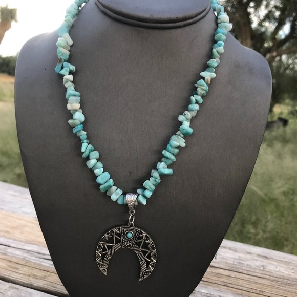 Southwestern Amazonite Gemstone Necklace Handmade Squash Blossom Silver Beaded - Picture 3 of 15